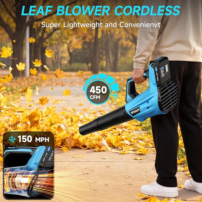 Leaf Blower Cordless, Leaf Blower with Battery and Charger - 2 Speed Modes, 2 Batteries, 20V Powerful Lightweight Electric Blowers for Blowing Leaves, Lawn Care, Patio Cleaning and Dust, Blue