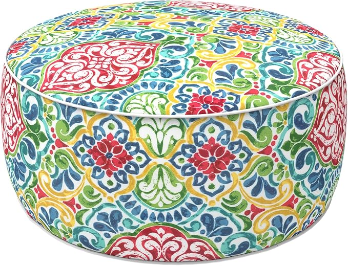 LVTXIII Indoor/Outdoor Inflatable Ottoman with Handle D21 x H9 Inch, Weather-Resistant Round Footstool Pouf for Patio Camping Living Room, Portable Footrest Extra Seating, Damask Red