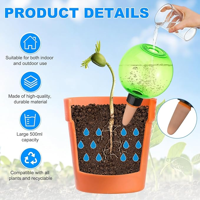 M METERXITY 4-Pack Plant Self Watering Globes, 6.7 oz Plastic Bubble Water Bulbs Top Fill for Indoor/Outdoor Plants, Self Watering Spikes Slow Release Terracotta [Green]