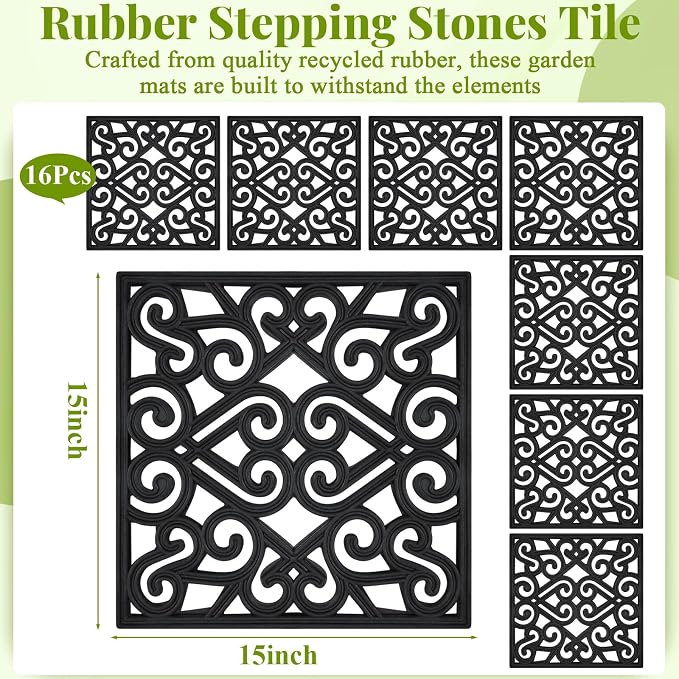 Pangda 8 Pack Rubber Stepping Stones Outdoor 15x15 Inch Garden Path Tiles Non Slip Walkway Pavers Heavy Duty Decorative Mats for Outside Patio Lawn Pathway Gravel Dirt Grass Yard (Black)