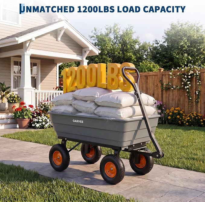 Garvee Poly Garden Dump Cart, Heavy Duty 1200lbs Wheelbarrow Yard Cart Dump Wagon with 13”All Terrain Wheels, Garden Utility Wagon with Quick Release System& Convertible Handle Attach to ATV (Gray)