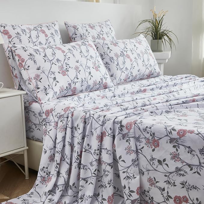 FADFAY Sheets Set King Rustic Bird Floral Bed Sheets Set Vintage Botanical Bedding Shabby Branches Leaves Bedding Collections 100% Egyptian Cotton Breathable Soft 17.7" Deep Pocket 4Pcs, King Size