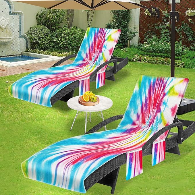 Lounge Chair Towel Cover (Pack of 2), Tie Dye Style Chaise Lounge Cover, Beach Chair Covers with Pockets for Pool Beach Garden Courtyard Outdoor Trips, 85 x30 in, Red Blue