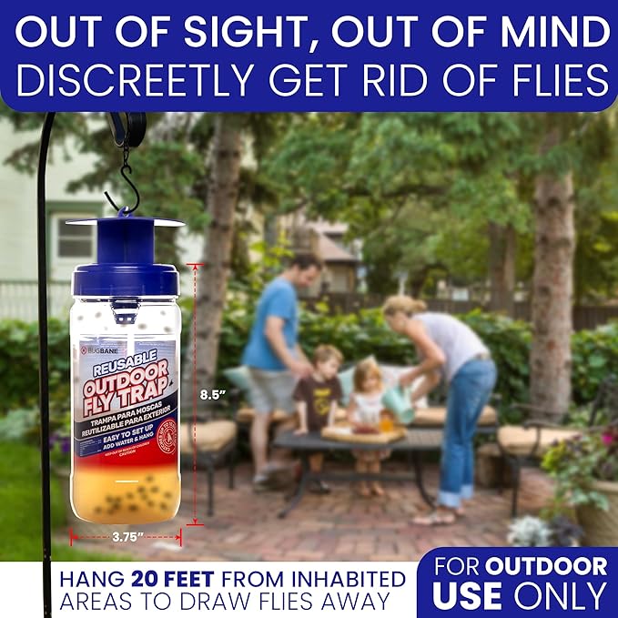 3 Fly Traps Outdoor Fly Trap for Patio with 6 Non-Toxic Dissolvable Bait Refills. Reusable Hanging Bug Catcher Killer for All Filth Flies for Outside Bug Control Yard Ranch. Hanging Chains Included.