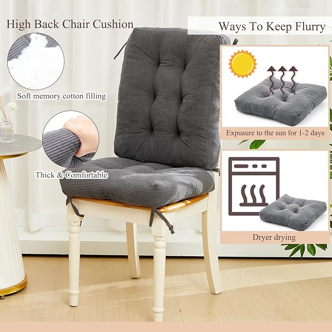 Juexica 4 Set Outdoor Patio Chair Cushions Corduroy Seat High Back Tufted Pillow Replacement Rocking Patio Chair Pads for Outdoor Indoor Home Office(Dark Gray)