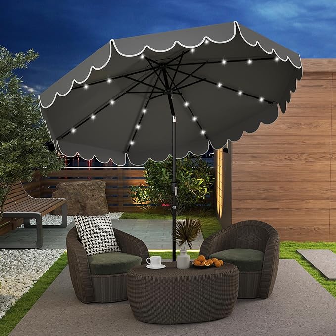 Tangkula 9 FT Solar Patio Umbrella, 2-Tiers Scalloped Outdoor Table Market Umbrella with 32 LED Lights, Vented Top, Tilt Adjustment, Crank, 8 Ribs for Backyard Poolside Deck Beach Lawn (Gray)