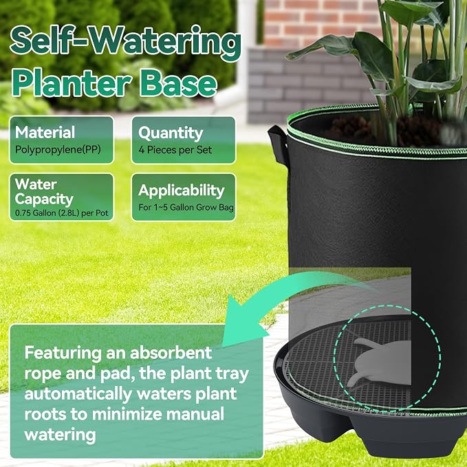 OTraki 4-Pack Self Watering Fabric Pot Base, Auto Watering System for 5 Gallon Fabric Pots, Plastic Plant Saucer Stand with Watering Lip Outdoor Garden Watering Base Plant Water Tray | Auto Watering System Plastic Plant Saucer Stand with Watering Lip O...