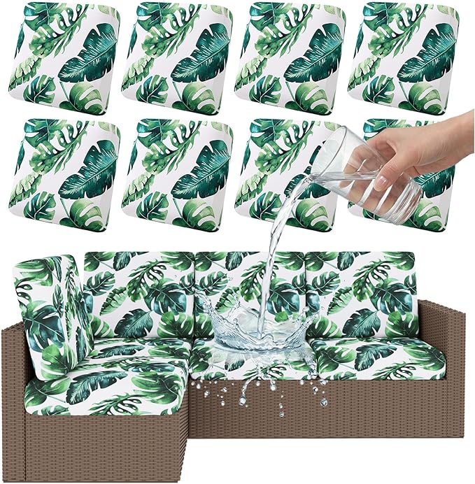 Smiry Waterproof Patio Cushion Covers, Stretch Outdoor Couch Slipcovers Replacement Washable Furniture Protector Sofa Chair Seat Cover for Dogs and Pets (8 Pcs, Green)