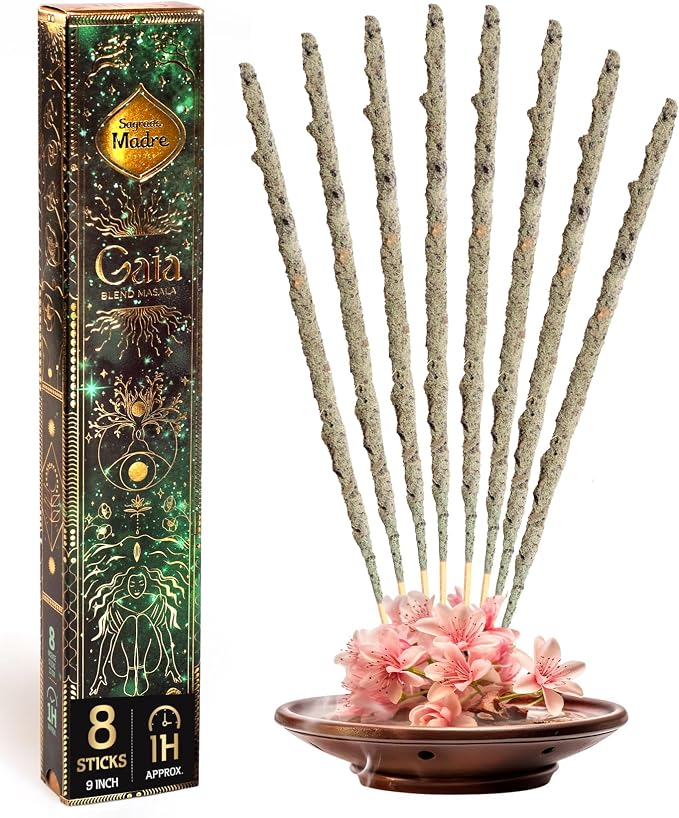 Sagrada Madre - 8 Extra-Durable Gaia Masala Incense Sticks - 9” Long Handmade, Thick Aromatherapy Sticks with Natural Herbs, Fruit Biomass for Inner Peace & Spiritual Connection - 1 Hour Burn Time