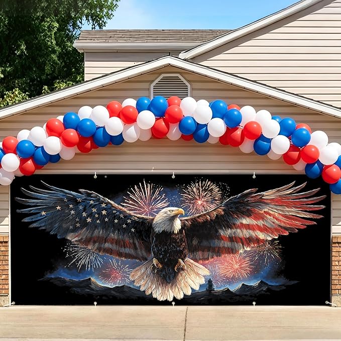 7 * 16FT Summer Garage Door Cover Decorations Sunset Palm Trees Garage Door Banner for Outdoor Indoor Summer Party Photography Backdrop (Eagle Flag Fireworks, 7 * 16 ft)