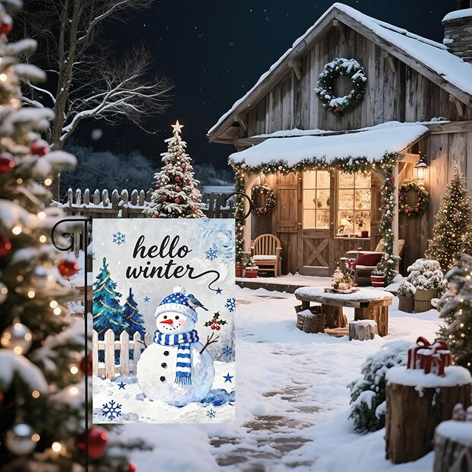 Hello Winter Snowman Garden Flag 12x18 Inch Snowflake Tree January Decorative Yard Flags for Outside Double Sided Christmas Holiday Seasonal Outdoor Home Farmhouse Decoration Porch New Year Decor