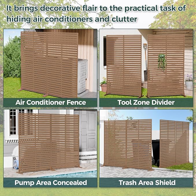 Privacy Screen Outdoor 72" Freestanding Privacy Panel with Stand, HDPE Decorative Privacy Fence with Louver Pattern, Patio Divider Screen, Privacy Screens for Outside, Balcony, Brown