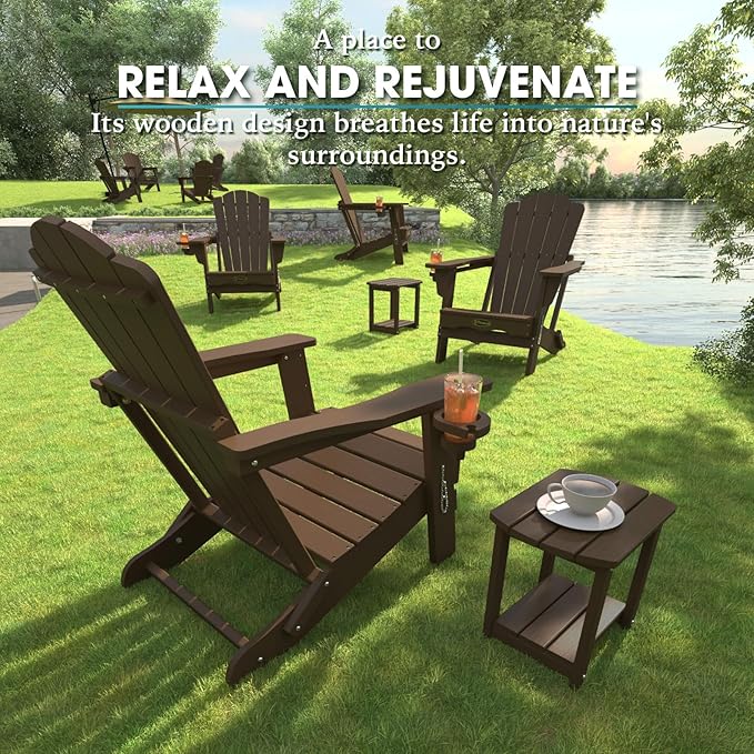 THOEOE Folding Adirondack Chair Set of 4, HDPE All-Weather Outdoor Chair with Cup Holder, Wooden Textured, Fire Pit Chair, Plastic Patio Chair for Deck, Backyard, Garden, Lawn, Brown