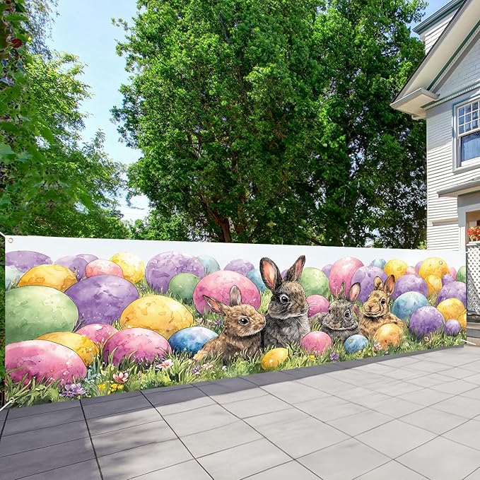 10x3 ft Extra Large Happy Easter Banner Outdoor 115''x35'' Cut Rabbit Banner for Fence Outside Garden Large Bunny Banners Yard