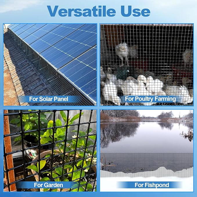 INCIKITI Critter Guard for Solar Panel Bird-Guard 6in x 100ft PVC Coated Pigeon Netting 1/2" Bird Mesh with 100 Fastener Clips, 20 Tie Wire, Cutting Scissor, Gloves, Pigeon Solar Panel Mesh for Bird