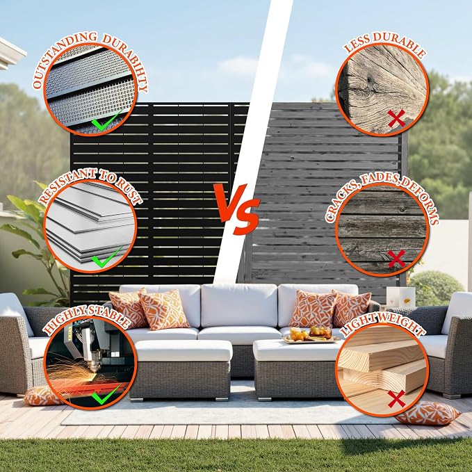 Metal Privacy Screen for Outdoor Freestanding Privacy Screens, 72" H x 47" W Decorative Wall Panels with Stand, Patio Balcony Screens for Outside Outdoor Divider Deck Porch Garden and Indoor