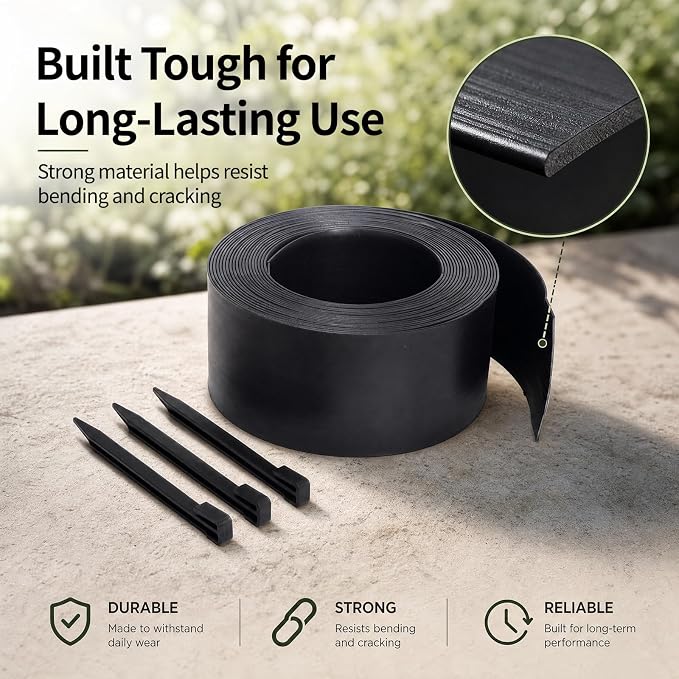 60FT Flexible Landscape Edging Coil – Weather Resistant Garden Border with Installation Tools & Stakes, Fade-Resistant Plastic for Flower Beds, Curved Edges & Mulch Retention, No Dig