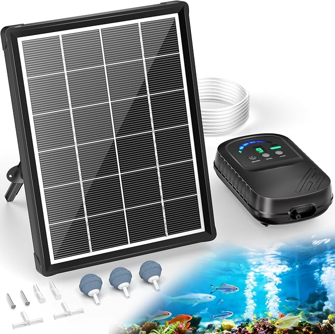 POPOSOAP Solar Pond Aerator with Digital Display, 4W Solar Air Pump 7/24H Oxygen Supply with Battery, 9 Adjustable Mode Oxygen Pump for Fish Pond, Koi Pond, Aquarium & Fishing Tank-P9335