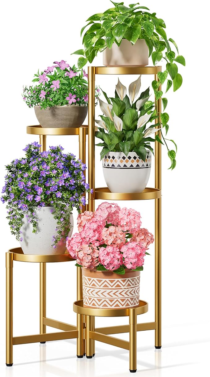 Tall Gold Plant Stand Indoor Outdoor, Corner Metal Flower Pot Stands for Multiple Plants, 5 Tiered Heavy Duty Plant Shelf for Patio Garden Balcony Living Room Bedroom - GoldDisk