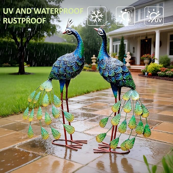 Kircust Metal Outdoor Solar Peacock Statues for Garden & Yard | Weatherproof Decor with Lights, Elegant Gift for Patio