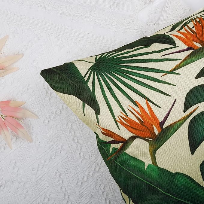 Bonhause Tropical Leaves Throw Pillow Covers 16x16 Set of 4 Green Palm Leaf Monstera Botanical Pillows Case Polyester Linen Cushion Covers for Outdoor Couch Sofa Patio Decor