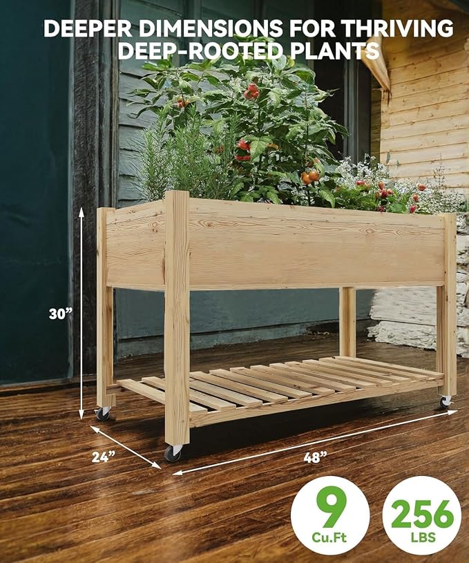 CABIHOME 48x24x32 in Mobile Elevated Raised Garden Bed, Wood Planter with Lockable Wheels, Storage Shelf & Protective Liner for Indoor/Outdoor Gardening, Natural