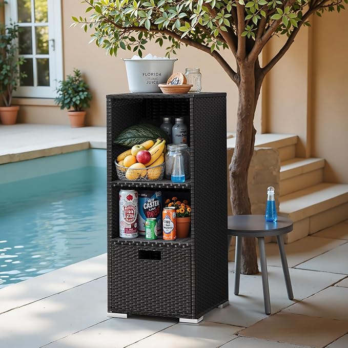 Devoko Outdoor Pool Towel Rack Patio Waterproof Rattan Wicker Storage Cabinet Shed with Shelves & Drawer (Black)