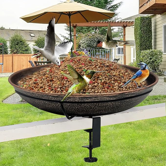 Deck Mounted Bird Bath, Easy to Clean12 Detachable Bath Bowl, Metal Birdbath for Outside with Sturdy Adjustable Clamp for Railing Balcony Fence Outdoor Decor 0.7 Gallon