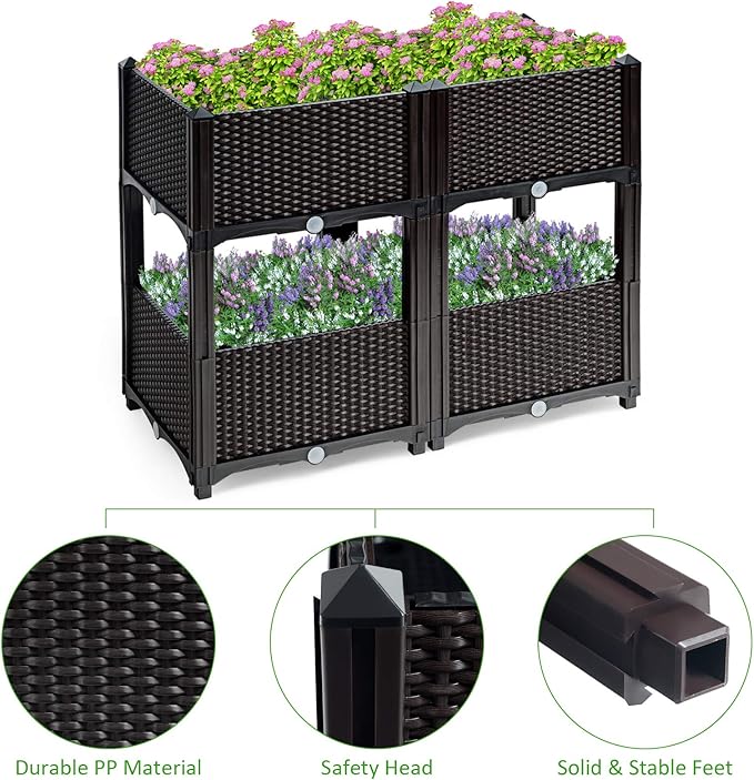 HAPPYGRILL Raised Garden Beds, Set of 4 Elevated Planter Boxes with Drain Holes & Removable Legs, Outdoor Raised Flower Bed for Patio Yard Balcony