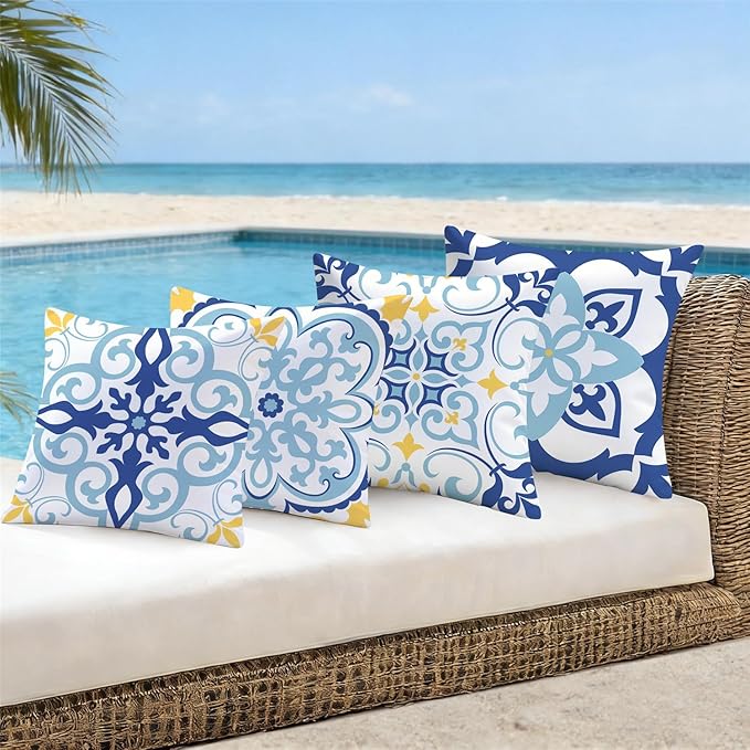 NIGHTWISH Outdoor Waterproof Pillow Covers 18x18 Set of 4 Blue Boho Decorative Outdoor Throw Pillows Floral Cushion Cases for Patio Furniture Bench Couch Sunbrella
