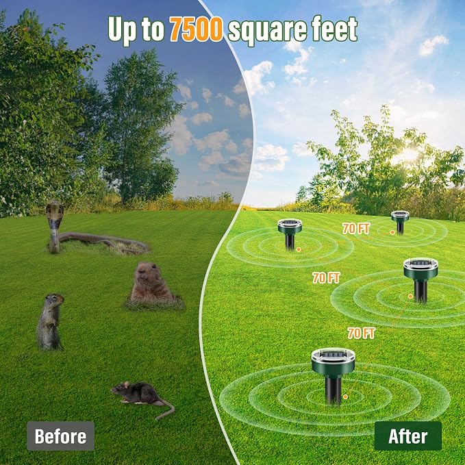 Solar Powered Mole Repellent 10 Packs, Pet-Safe Ultrasonic Pest Repeller, Waterproof Snake Gopher Vole Repellent for Lawn Garden, Humane Groundhog Chipmunk Deterrent