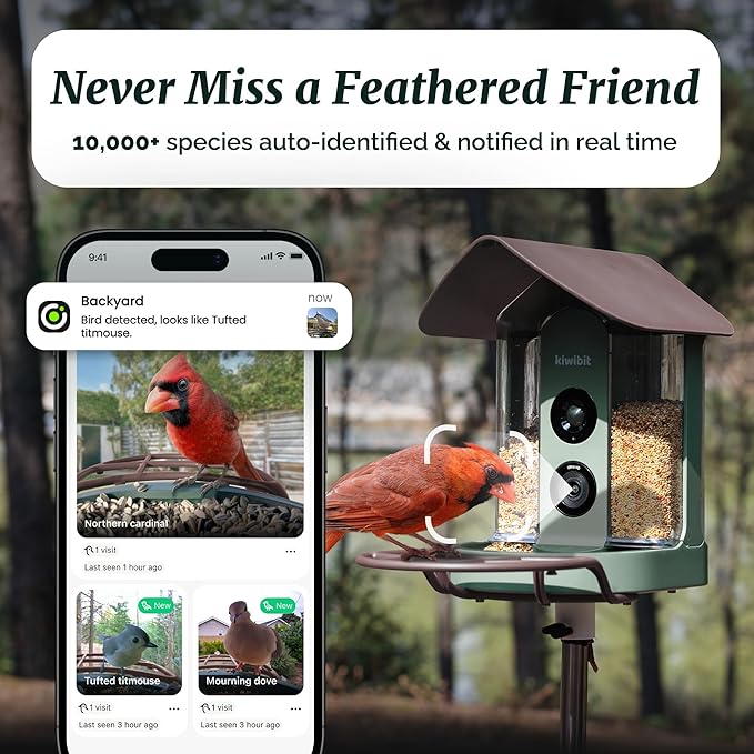 Kiwibit Smart Bird Feeder 4K AI Camera with Solar Panel, No Subscription, Lifetime AI Feature Included, 4K Video Live Stream, 8MP Photos Auto Capture, Bird Species Identification, Bird Notification