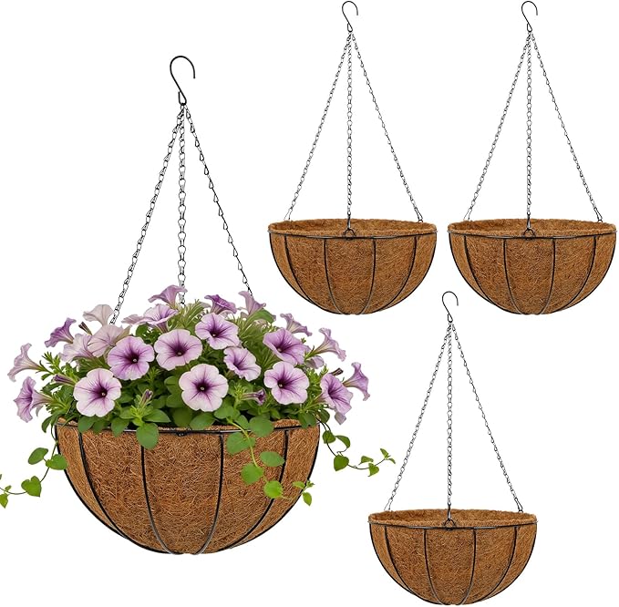 14 Inch Metal Hanging Basket with Coco Coir Liner for Flowers Planting, 4 Pack Hanging Baskets for Plants Outdoor, Round Wire Planters with Chain for Home Patio Porch Balcony Garden Decor