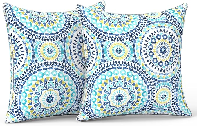 LVTXIII Outdoor Throw Pillows Set of 2, Patio Waterproof Pillows Fade Resistant Accent Pillows for Home and Garden Furniture Decoration, 18"x18", Delancey Baltic