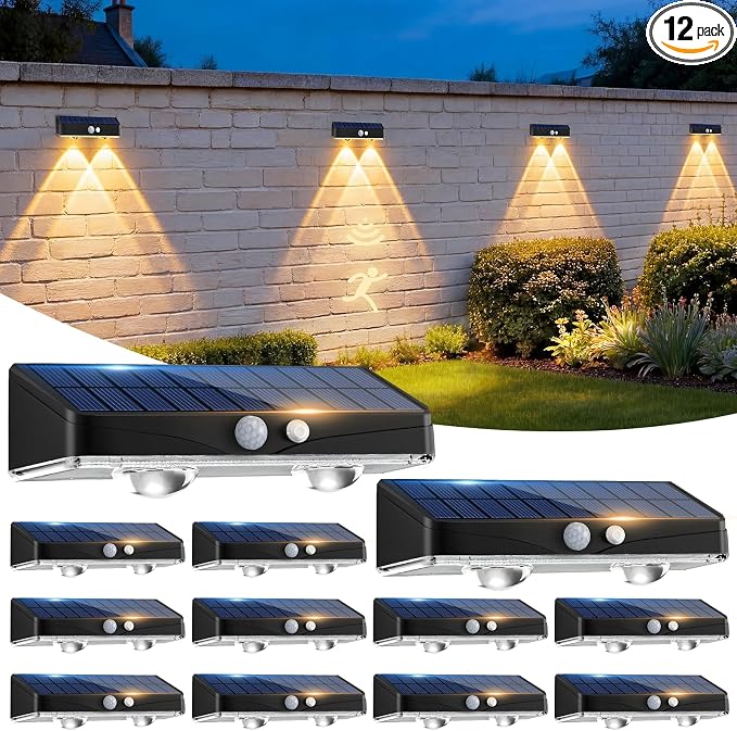 kolpop Warm White Solar Fence Lights Outdoor,12 Pack Fence Lights Solar Powered with Motion Sensor,IP65 Waterproof,3 Modes LED Solar Lights for Patio,Backyard,Railing,Wall,Nighttime,Party