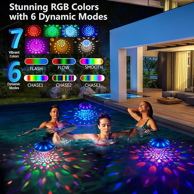 Rechargeable Floating Pool Lights (4 Pack) - Pool Light with Vibrant RGB Colors, IP68 Waterproof Floating Lights, Upper and Lower Color Changing Led Lights for Pools, Hot Tubs and Party