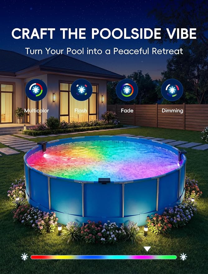 POOLHOUR Solar Pool Lights for Above Ground Pools (Metal Frame Only), LED Above Ground Pool Light with Remote & Timer, Submersible Underwater Lighting, 10-Color RGB 4-Mode Poolside Solar Light, 1 Pack