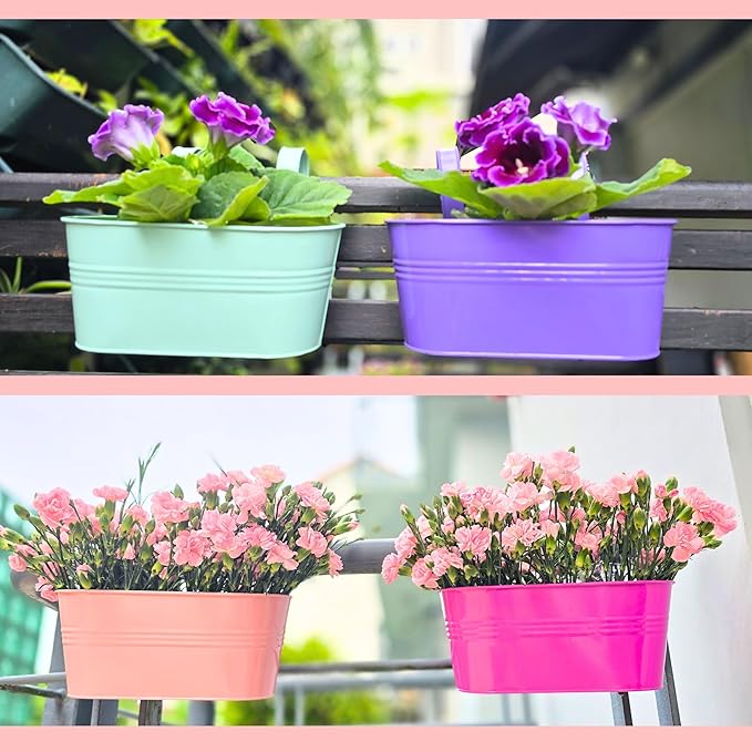 LaLaGreen Rail Planter (17 Inch, 6 Pack) Colorful Metal Hanging Flower Pots Railing Fence Balcony Gardening for Apartment Patio Planters Modern Garden Style Iron Outdoor Decoration Porch Decor