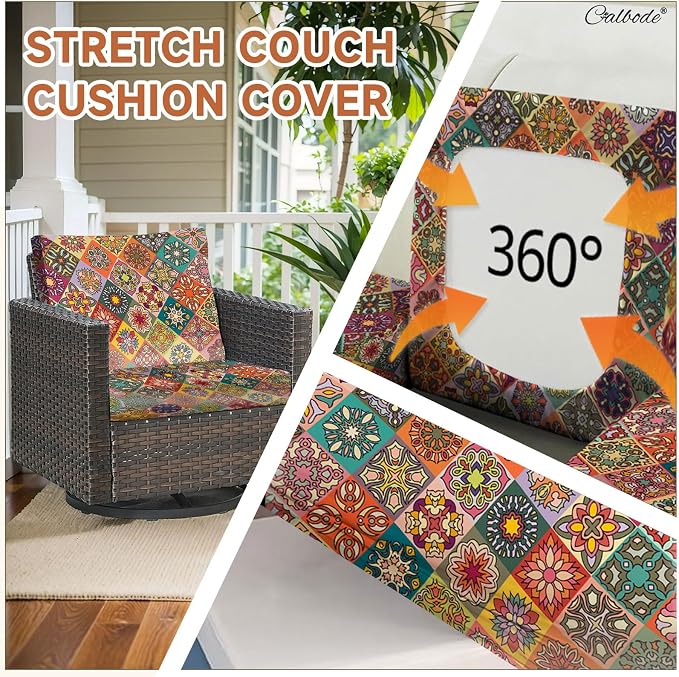 CALBODE 14Pcs Stretch Patio Cushion Cover, Bohemian Colored Geometric Pattern Couch Covers for Patio Furniture Cushions Washable Reusable Couch Covers Replacement for Fall Winter(Cover Only)