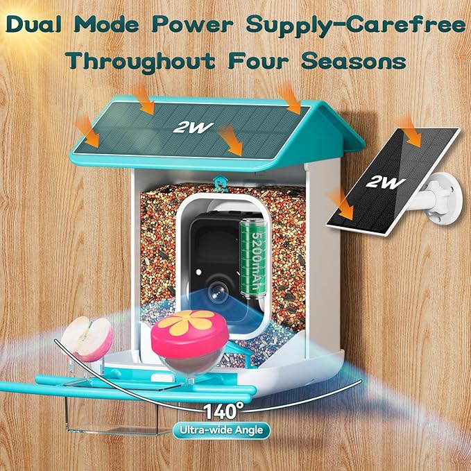 Smart Bird Feeder with Camera-AI Identify 11,000+ Species, 2K HD Auto Capture Birds Video & 64G TF Card, Solar-Powered Wireless Outdoor Design, Birdhouse with Built-in Two-Way Microphone