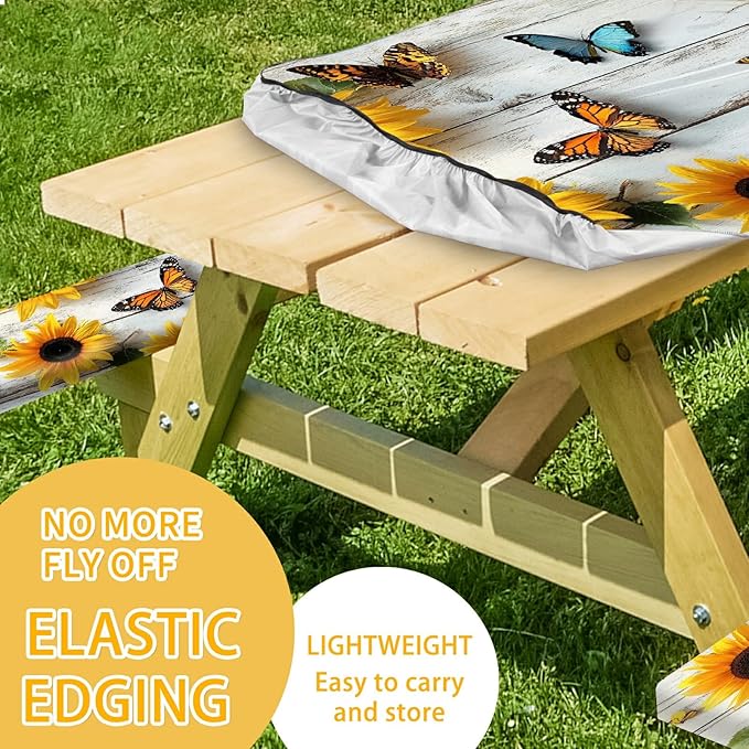 Picnic Table Cover with Bench Covers 72IN 6FT, Camping Essentials Tablecloth Waterproof Oilproof with elastic Edge for Indoor Outdoor Patio (Sunflower Wood Grain)