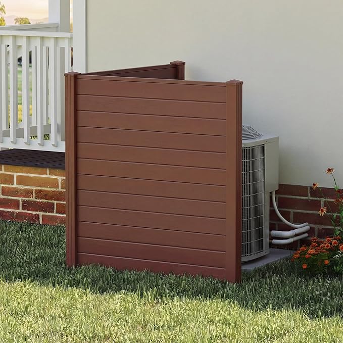 Happygrill Air Conditioner Fence 2 Panels, 48''L x 48''H Outdoor Privacy Screen w/Metal Ground Stakes, Freestanding PVC Pool Equipment Enclosure, Decorative Garden Fences for Patio AC Unit, Brown