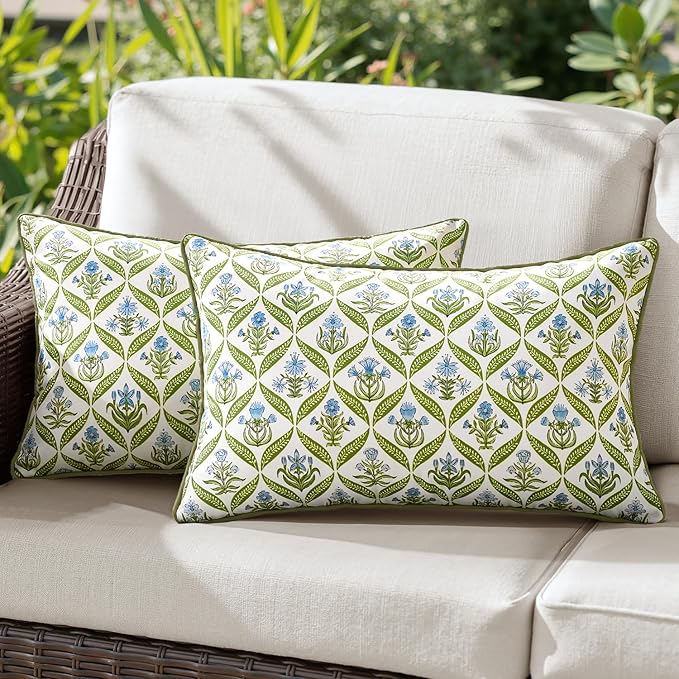 ANRODUO Floral Outdoor Pillow Covers 12x20 Waterproof Set of 2 Lumbar Block Print Decorative Cushion Cases with Refined Edge Piping for Spring Patio Porch Garden Couch Sofa Bench Decor Green