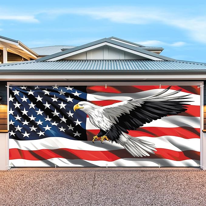 7 * 16FT Eagle USA Flag 4 of July Garage Door Cover Decorations Independence Day Garage Door Banner for Outdoor Indoor Patriot Party Photography Backdrop