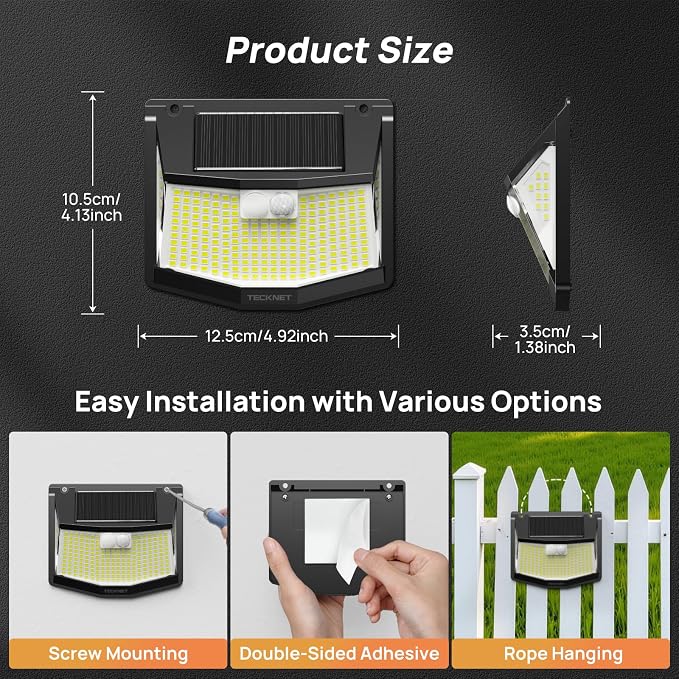 TECKNET 248 LED Outdoor Solar Lights & Motion Sensor 4 Pack, 300° Angle & 3 Lighting Modes Solar Lights Outdoor Waterproof, Solar Powered Security Flood Wall Lights IP66 for Outside/Yard Fence/Garden