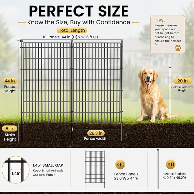 10 Panels No Dig Garden Fence Animal Barrier, 44in(H) × 23.6ft(L) Decorative Metal Outdoor Dog Fence, Rustproof Pet Fencing for Yard, Patio, Flower Bed -Temporary Fencing| Easy to Install