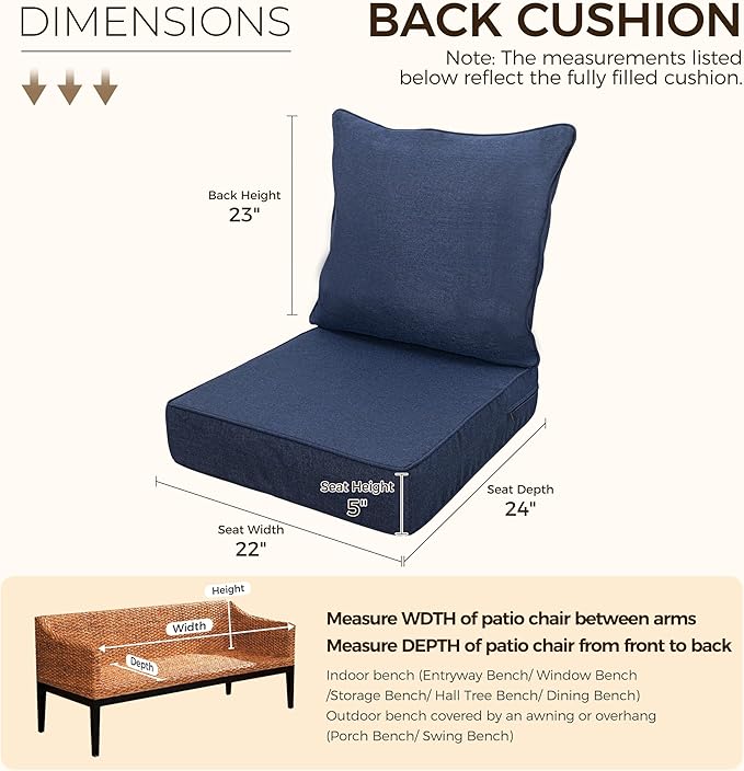 Art Leon Patio Chair Cushions 22 x 24 Outdoor Seat Cushions 28D High Density Foam Patio Chair Cushion with Non-Slip Backing Waterproof Outdoor Seat Cushion for Patio Furniture Porch Swing Navy Blue