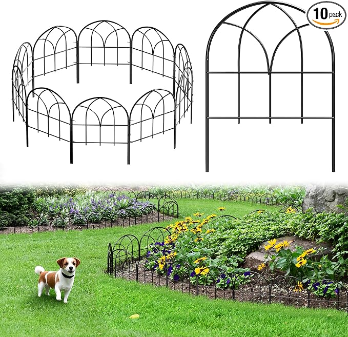 Small Decorative Garden Fence, 10 Panels, 16.53 in H x 10.5 ft L, No Dig Black Metal Border Edging for Flower Beds, Yard and Patio, Rabbit and Small Dog Barrier