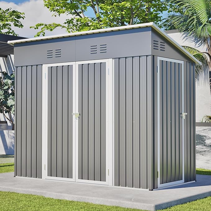 YOPTO 4x8 FT Outdoor Storage Shed with Floor Frame,Metal Shed W/Left/Right Optional Lockable Door,Heavy-Duty Garden Tool Storage House W/ 4 Air Vents & Sloping Roof,for Backyard,Patio,Lawn,Gray