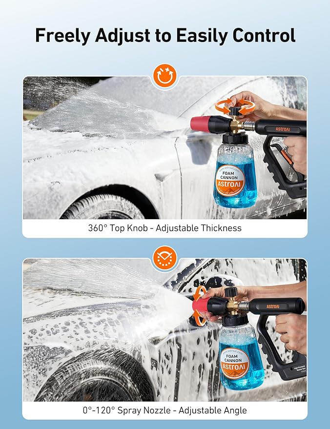 AstroAI Foam Cannon for Pressure Washer, Snow Clear Foam Cannon, Wide Neck Foam Blaster Adjustable Nozzle for Car Wash Accessories, with 1/4 Inch Quick Connector, 1 L Clear Bottle